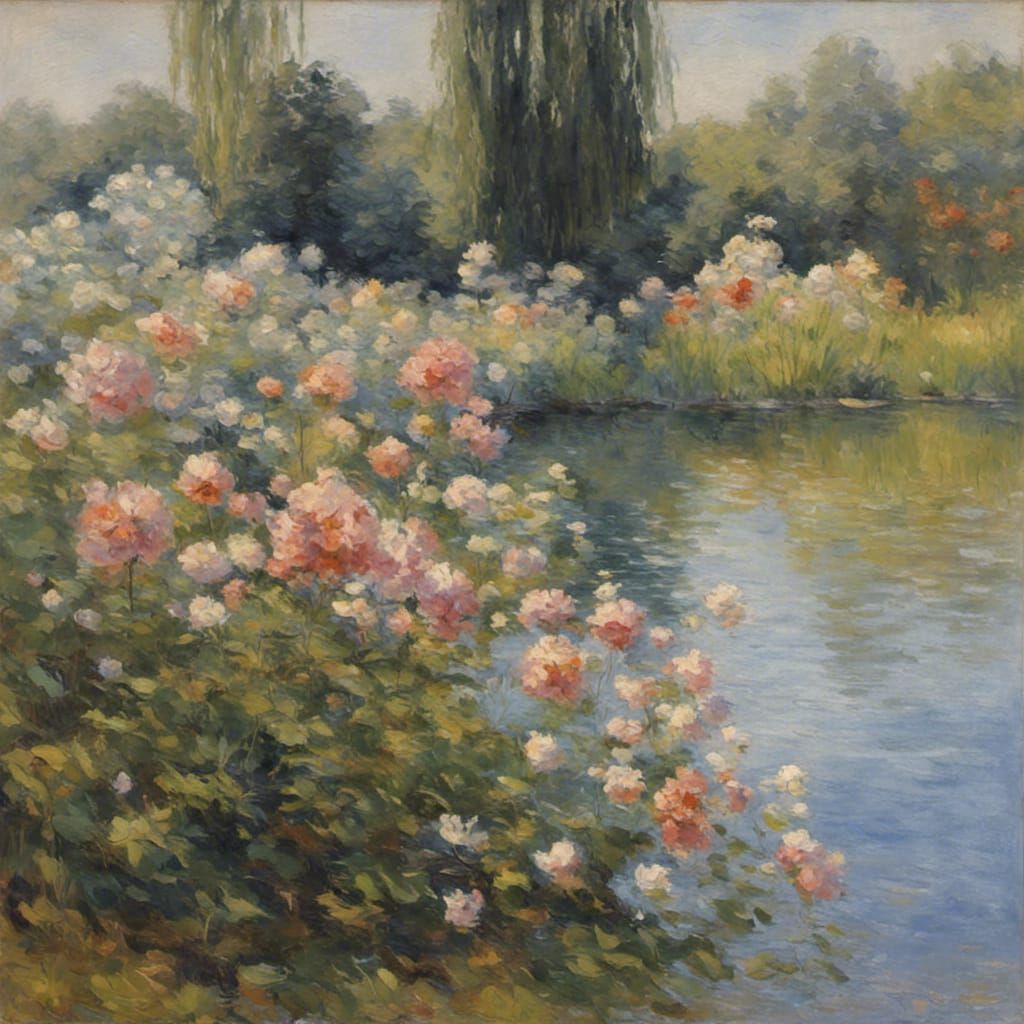 Flowers by the Water's Edge in Impressionist Style