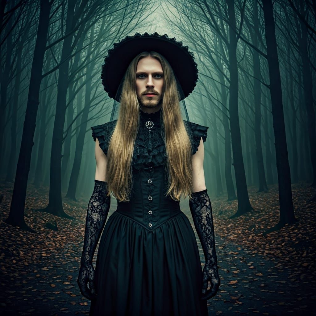 Gothic Crossdresser in Forest, Cinematic Style