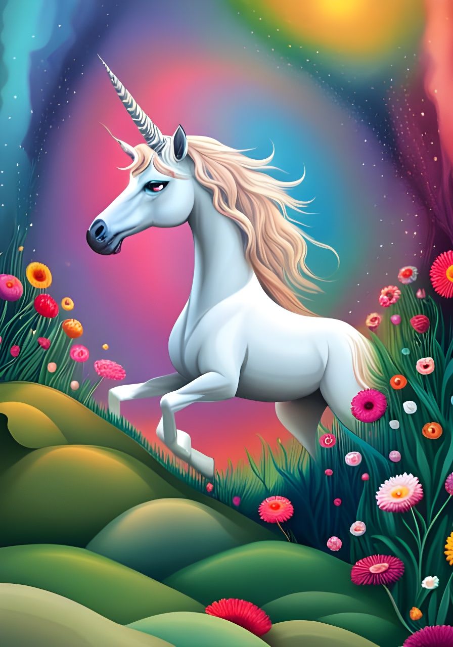 Whimsical Unicorn in a Spring Flower Garden