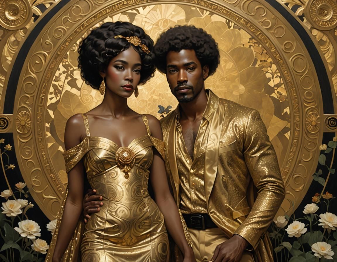 Romantic Couple in Golden Dress, Klimt Style