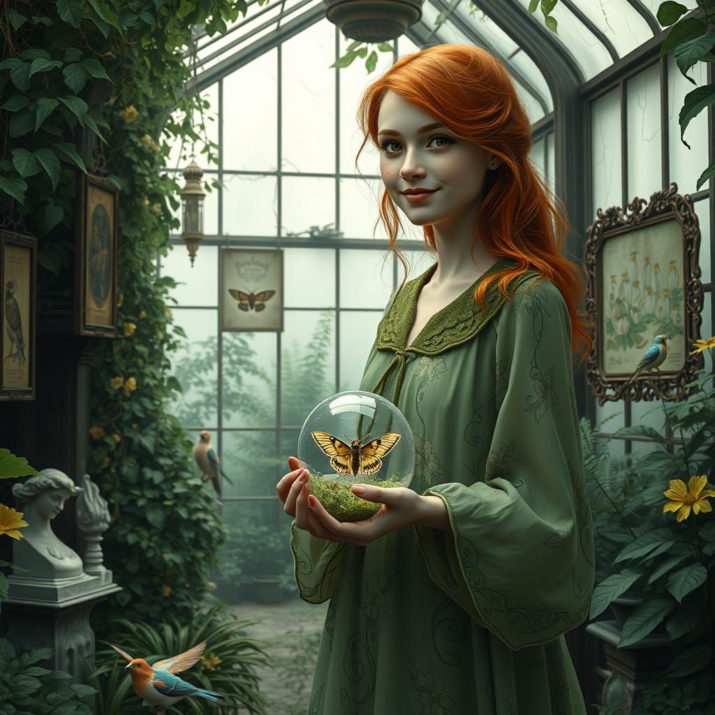Ginger Haired Woman in Enchanted Greenhouse