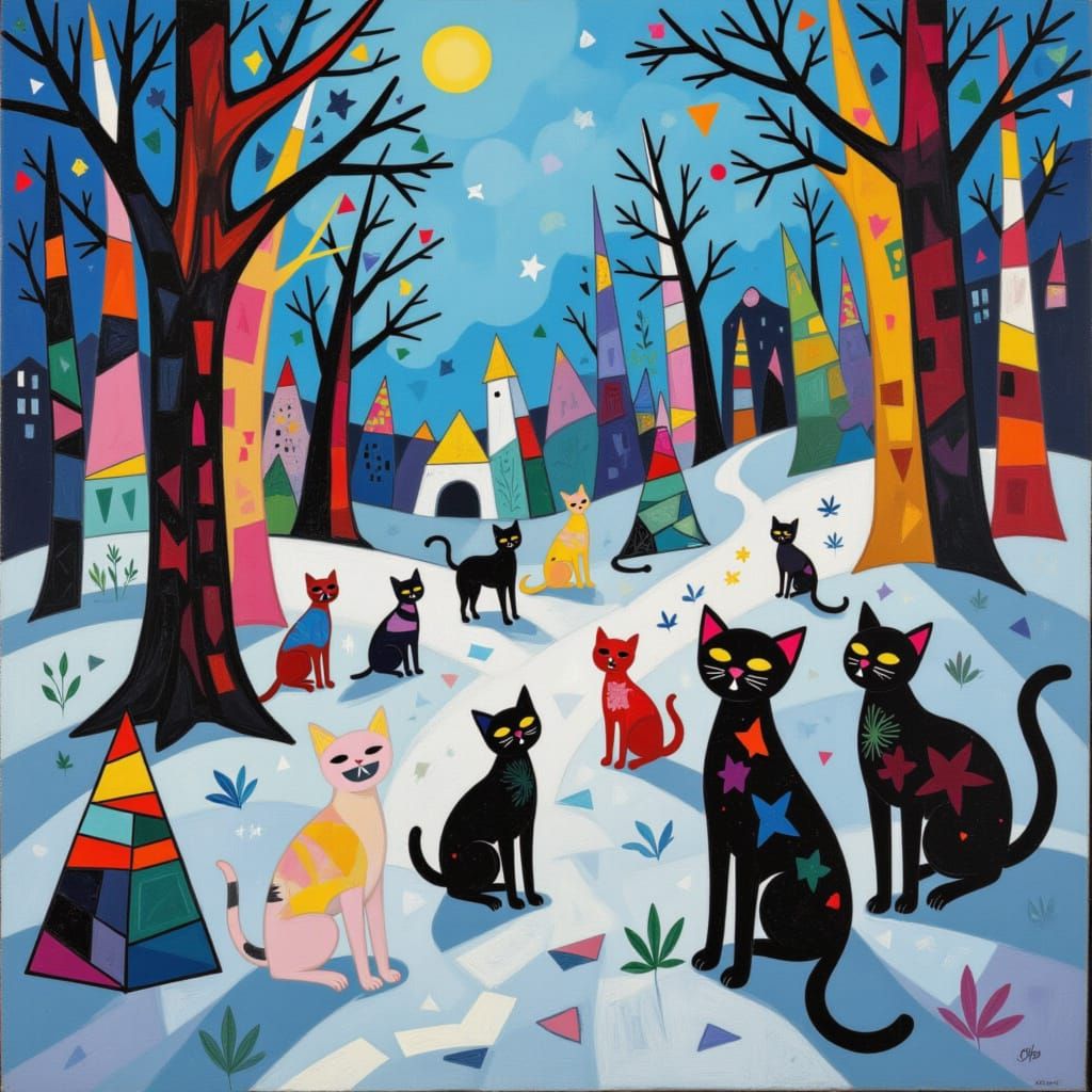 <lora:TRIANGLE GARDENS:1.0> <lora:DANCING ALIENS:1.0> Cats i...