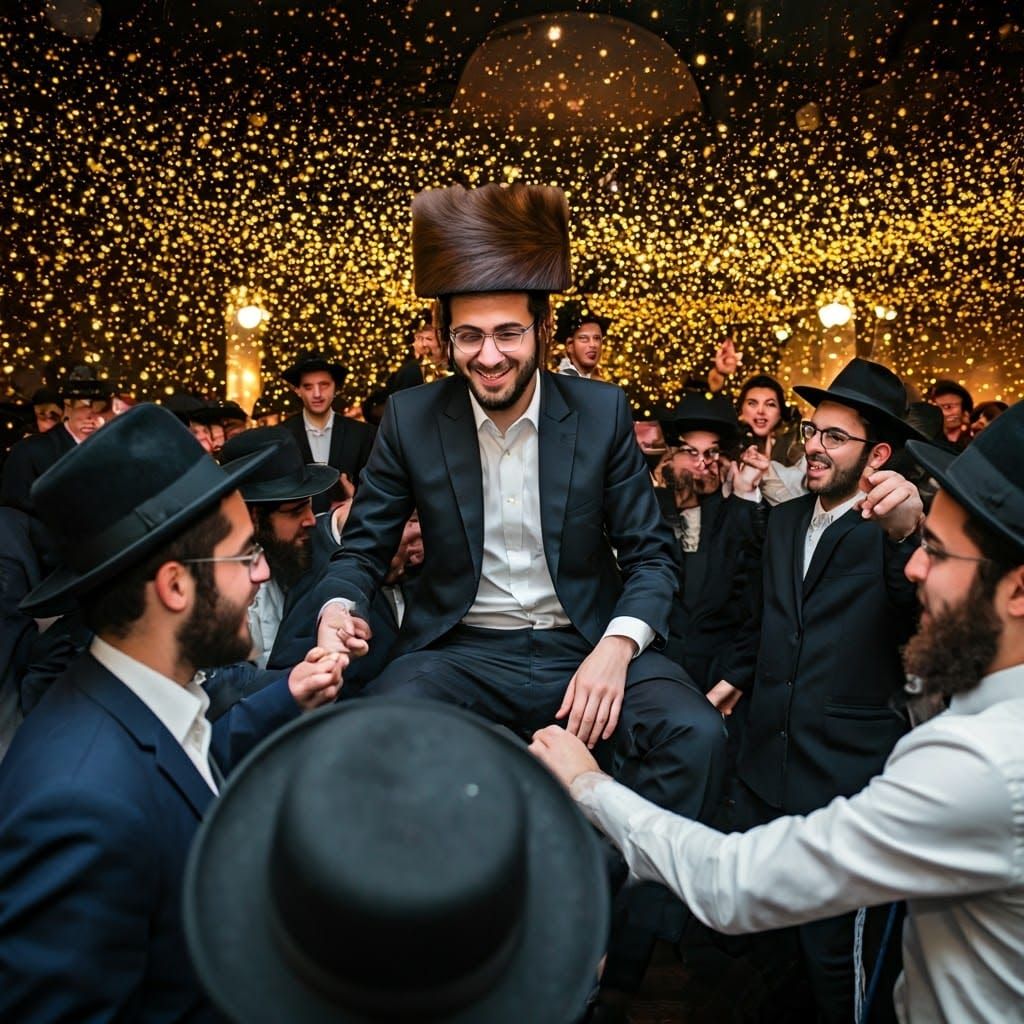 Hasidic Groom in Shtreimel, Surrounded by Dancing Young Men ...