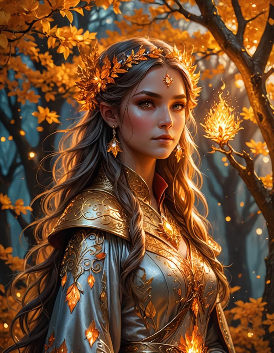 Mystical Golden Tree Sorceress in Whimsical Fantasy Style