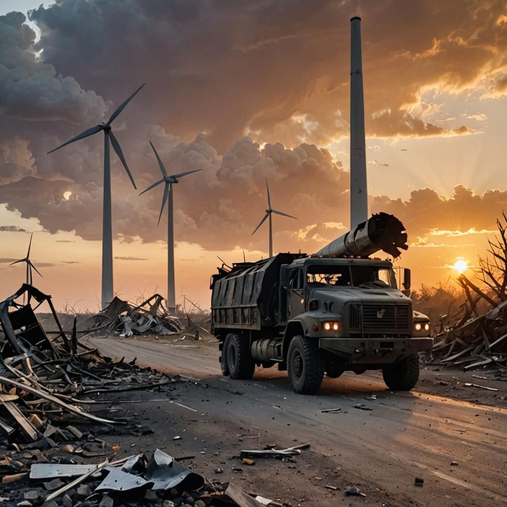 Destroyed Wind Turbine: Military Truck at Sunset