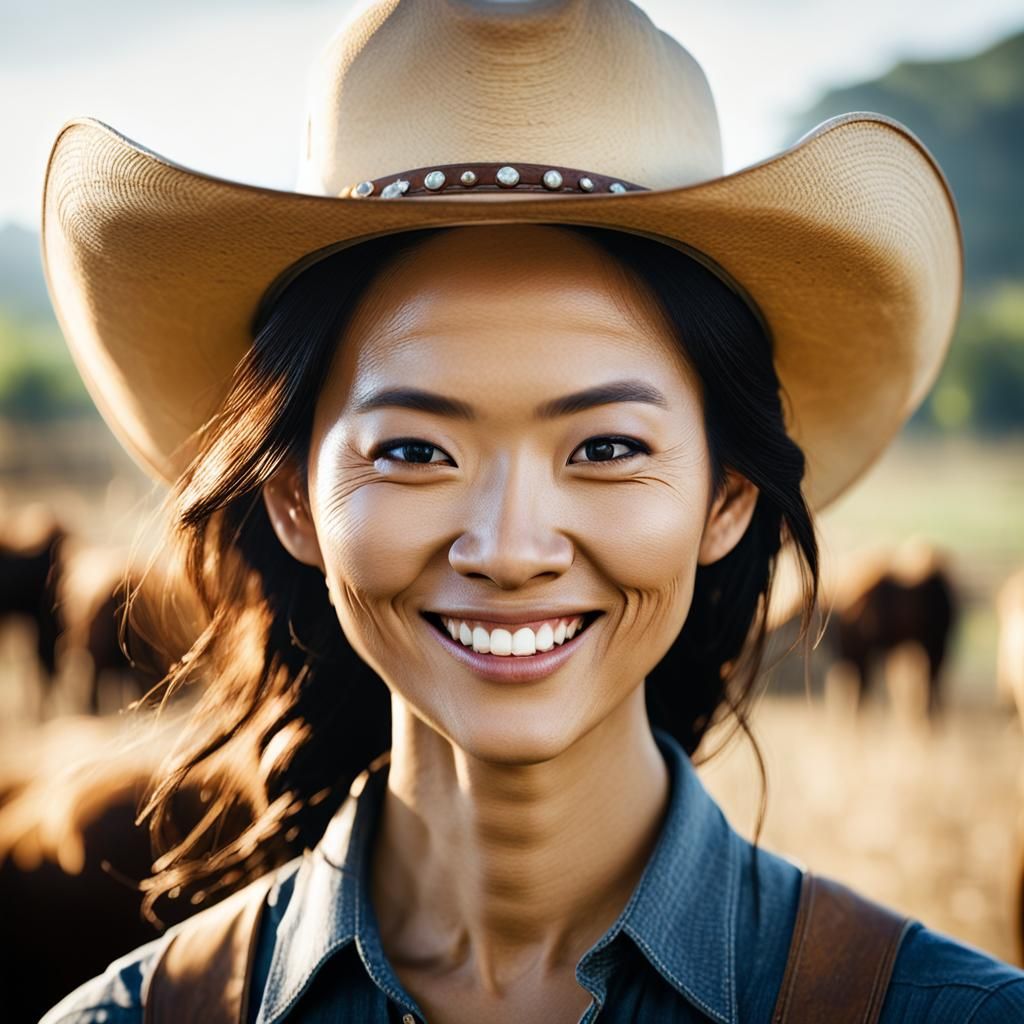 Asian Woman in Cowboy Hat Portrait