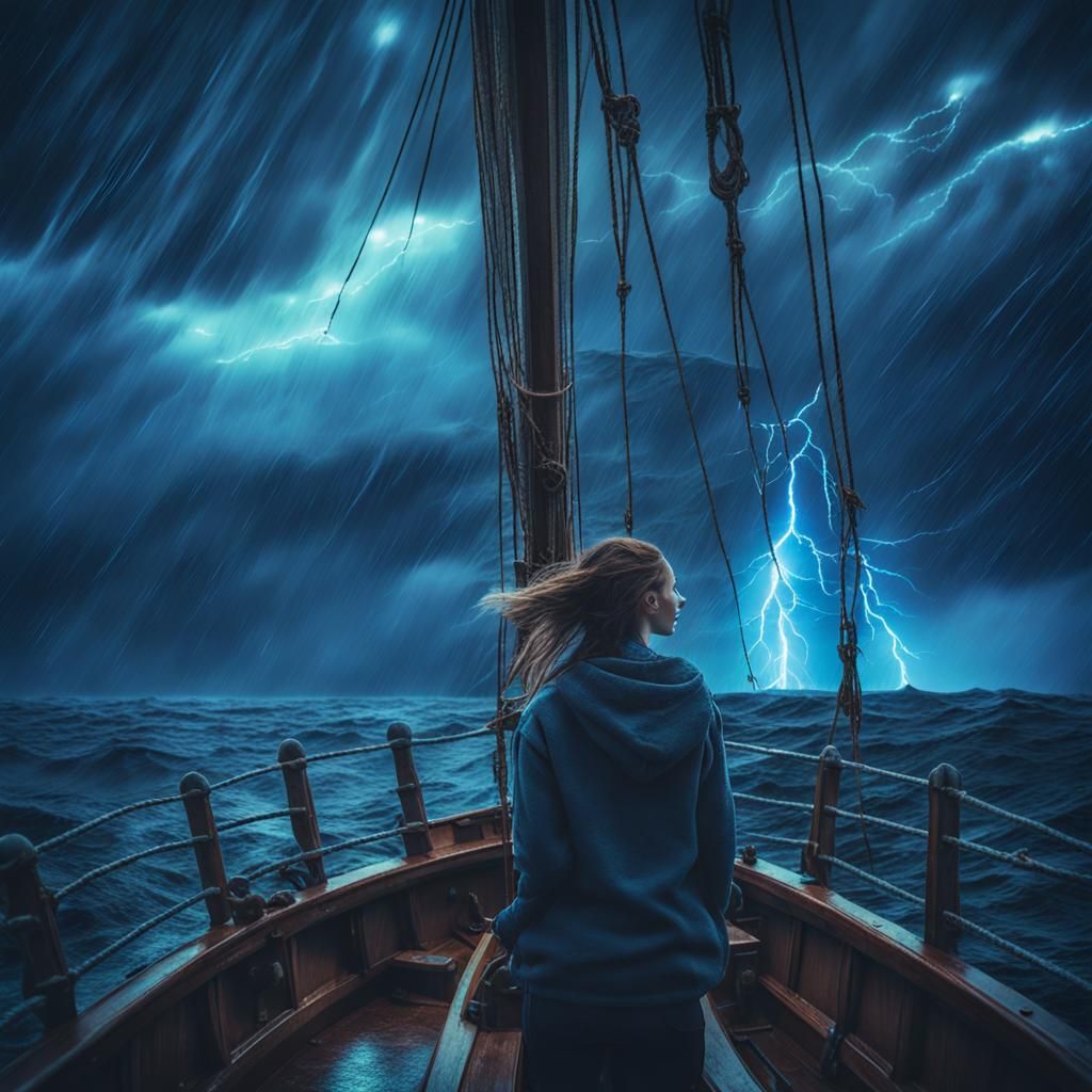 Dramatic Storm at Sea with Sailing Woman