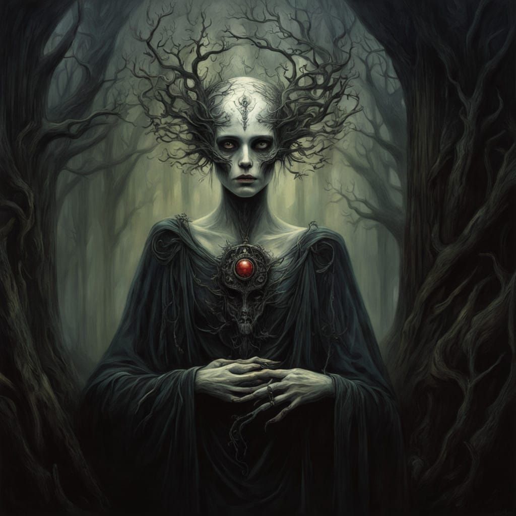 Ethereal Blackthorn Witch in Gothic, Hyperrealistic Style