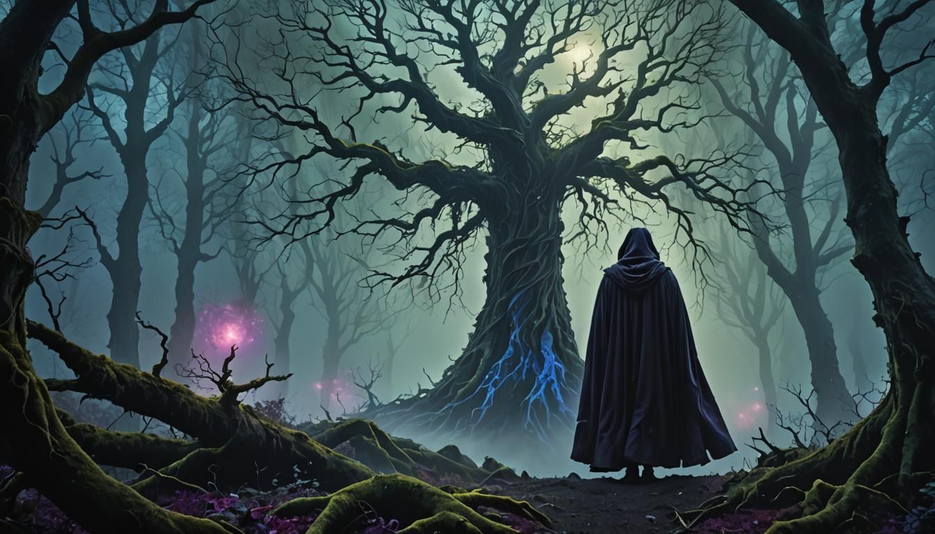 Mystical Figure in Dark Foggy Forest, Digital Matte Painting