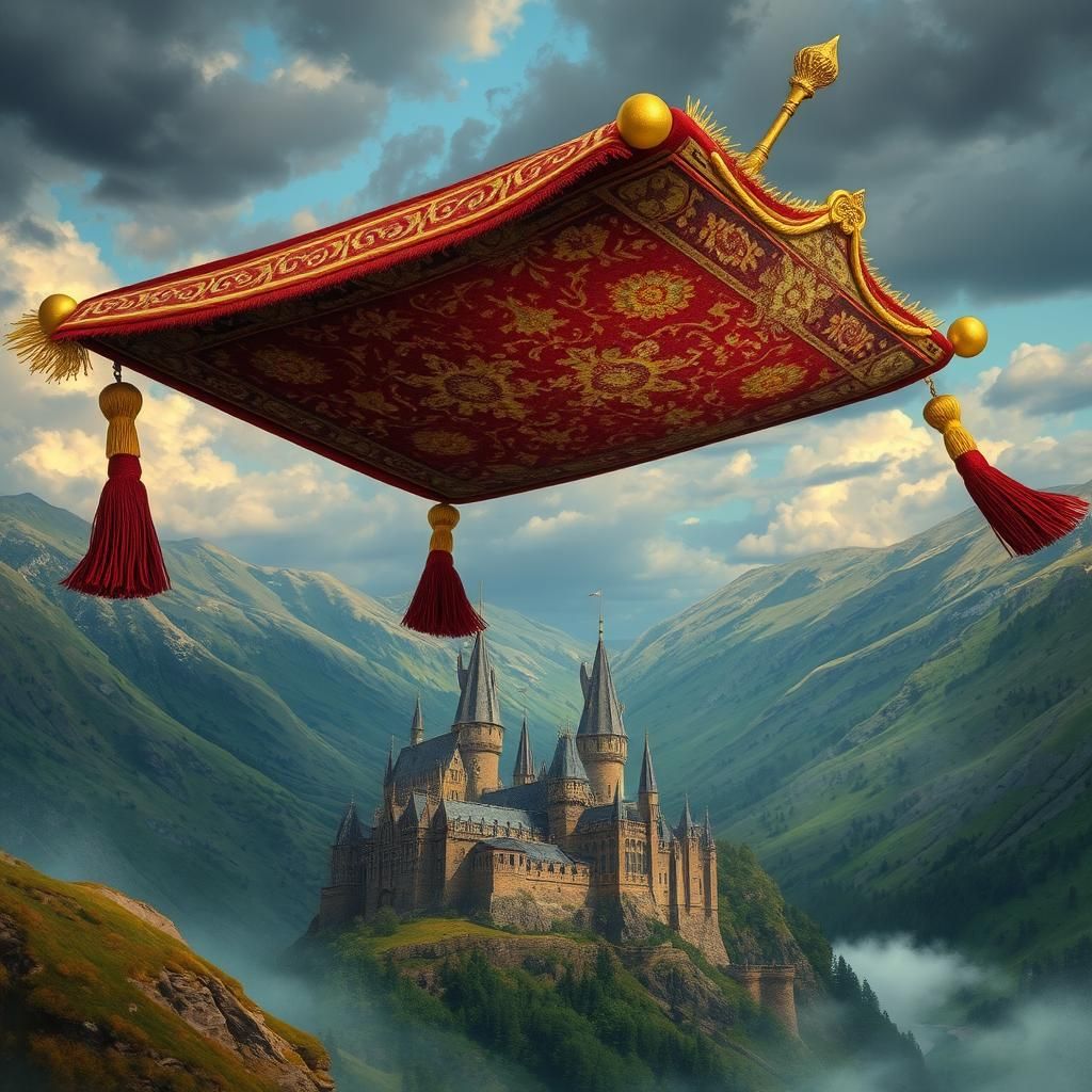 Flying Persian Carpet Over Hogwarts, Fantasy Art