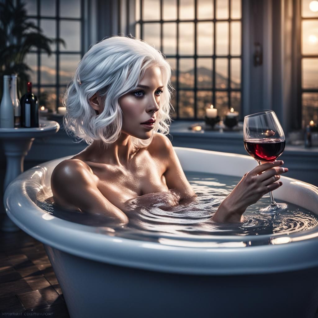 White-Haired Woman in Tub Drinking Wine: Hyperrealistic
