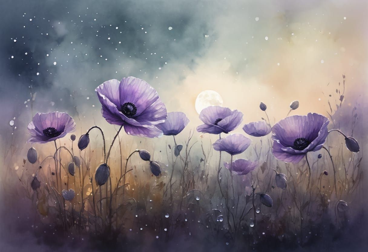 Purple Poppy in Ethereal Moonlight Watercolour