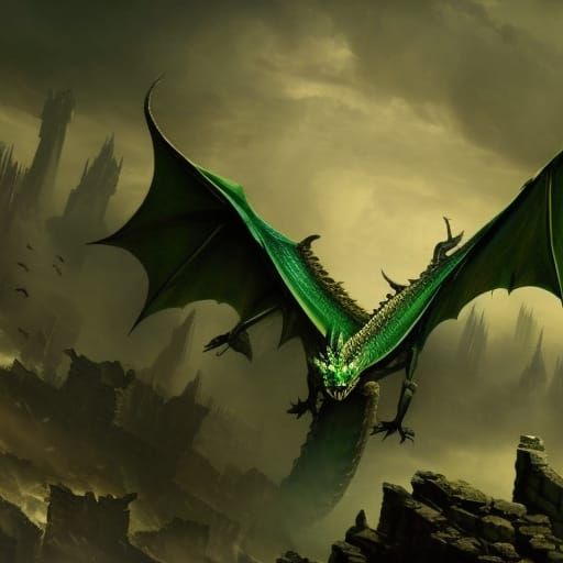 Green Dragon Soaring Over Stone Ruins in Dark Fantasy Style