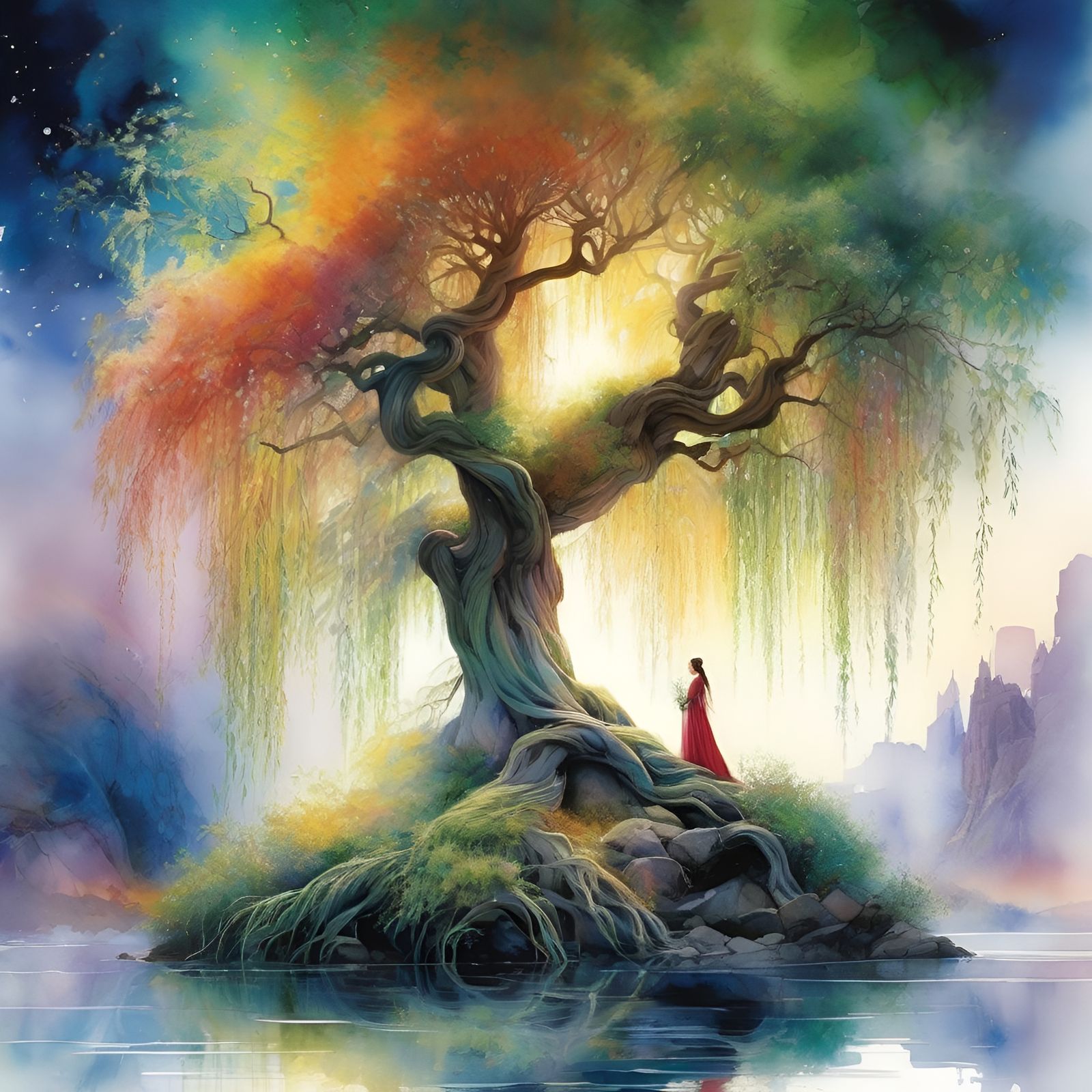 Dramatic Willow Tree in Watercolor Style