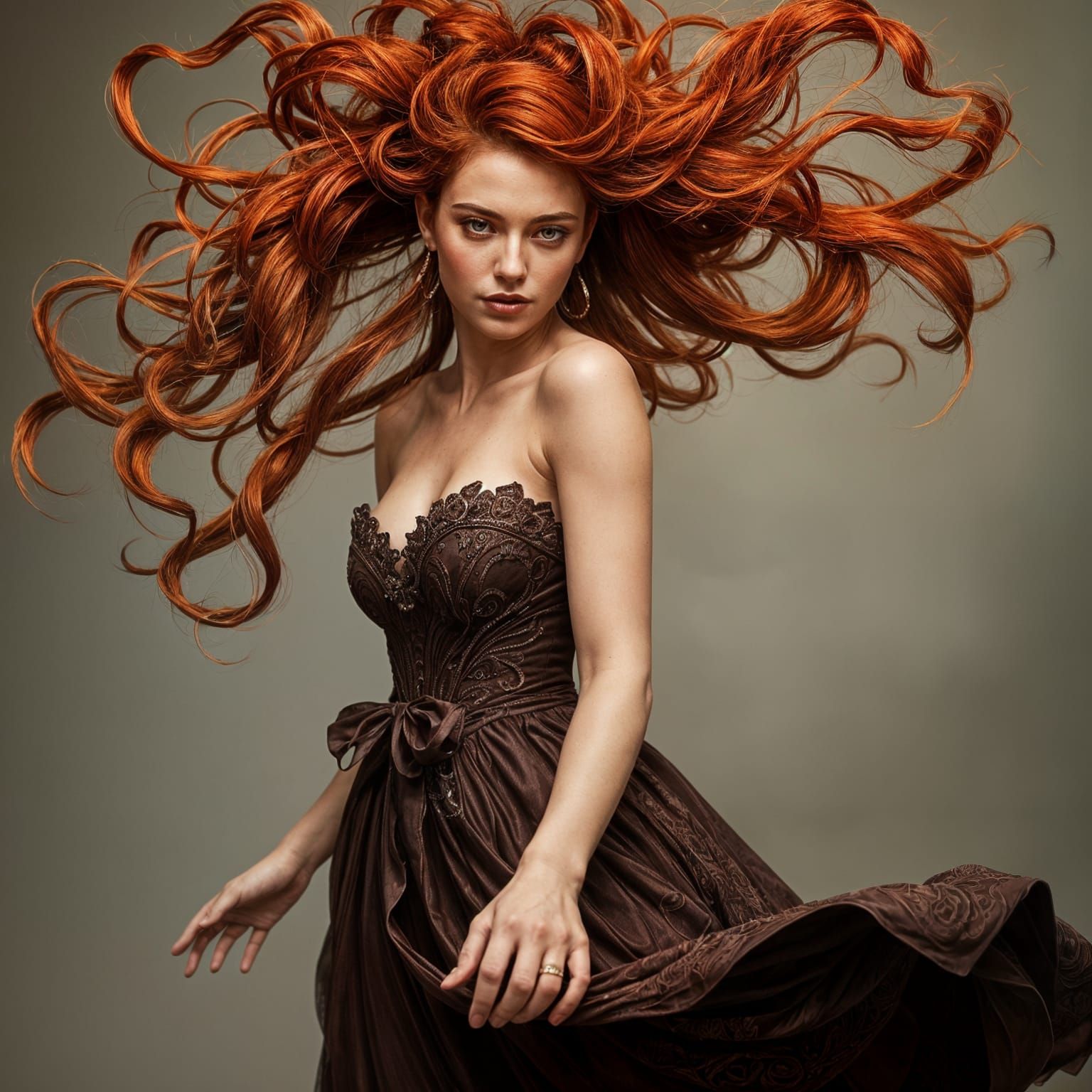 Woman in Chocolate Dress with Lively Red Hair