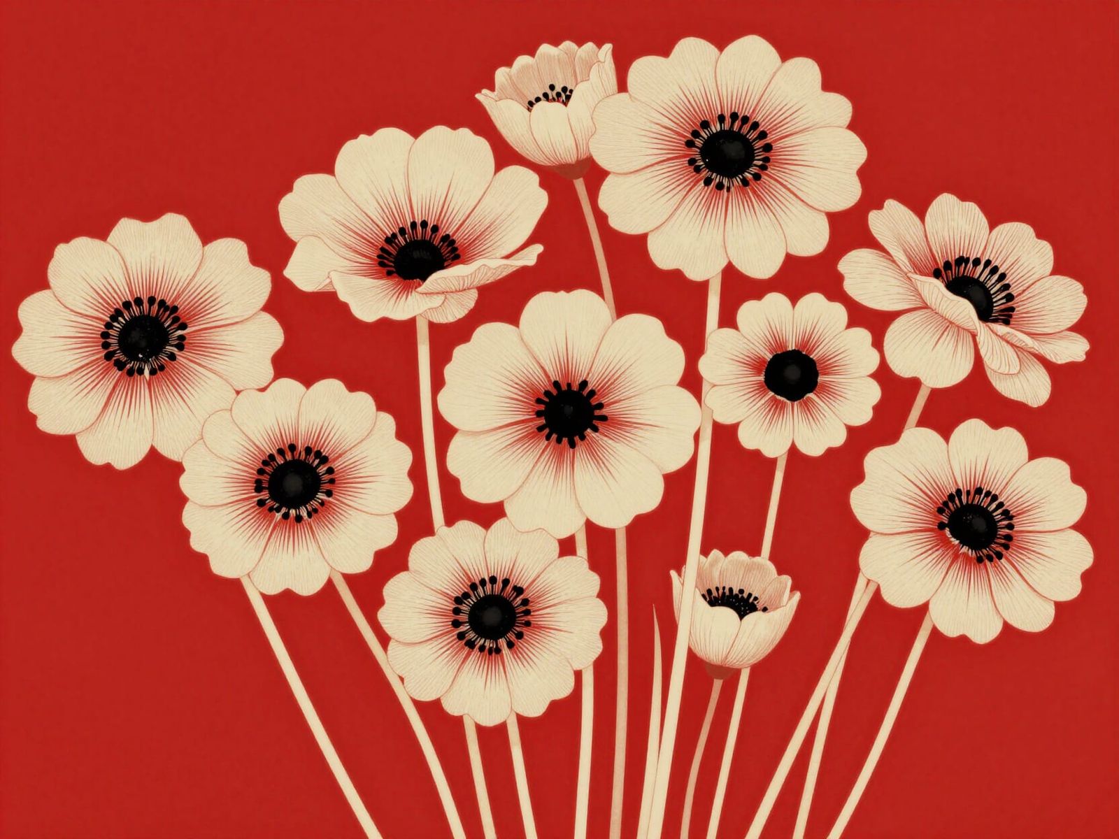 Art Nouveau Flowers on Red Background