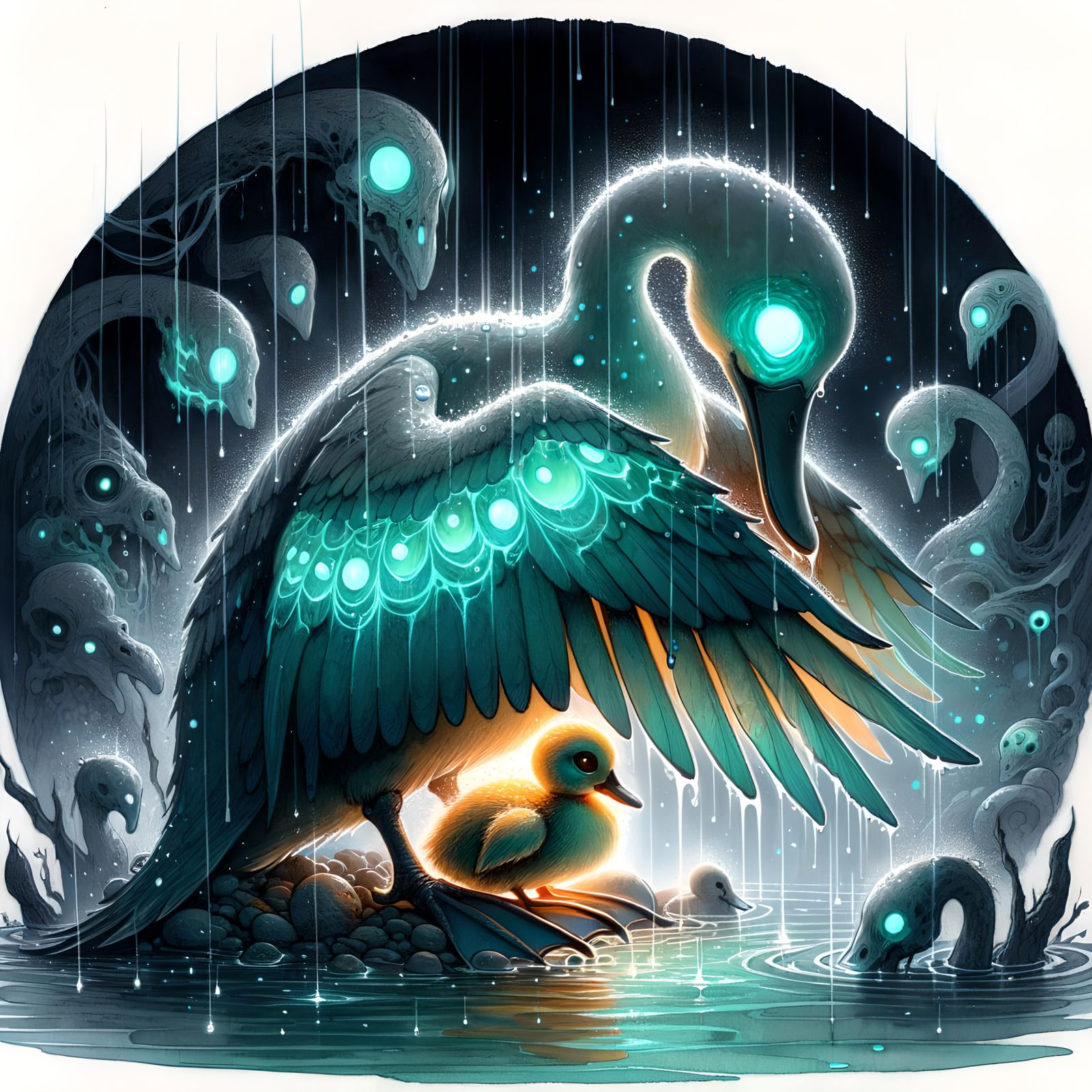 Eerie Undead Mother Duck Protects Duckling: Watercolor Illus...