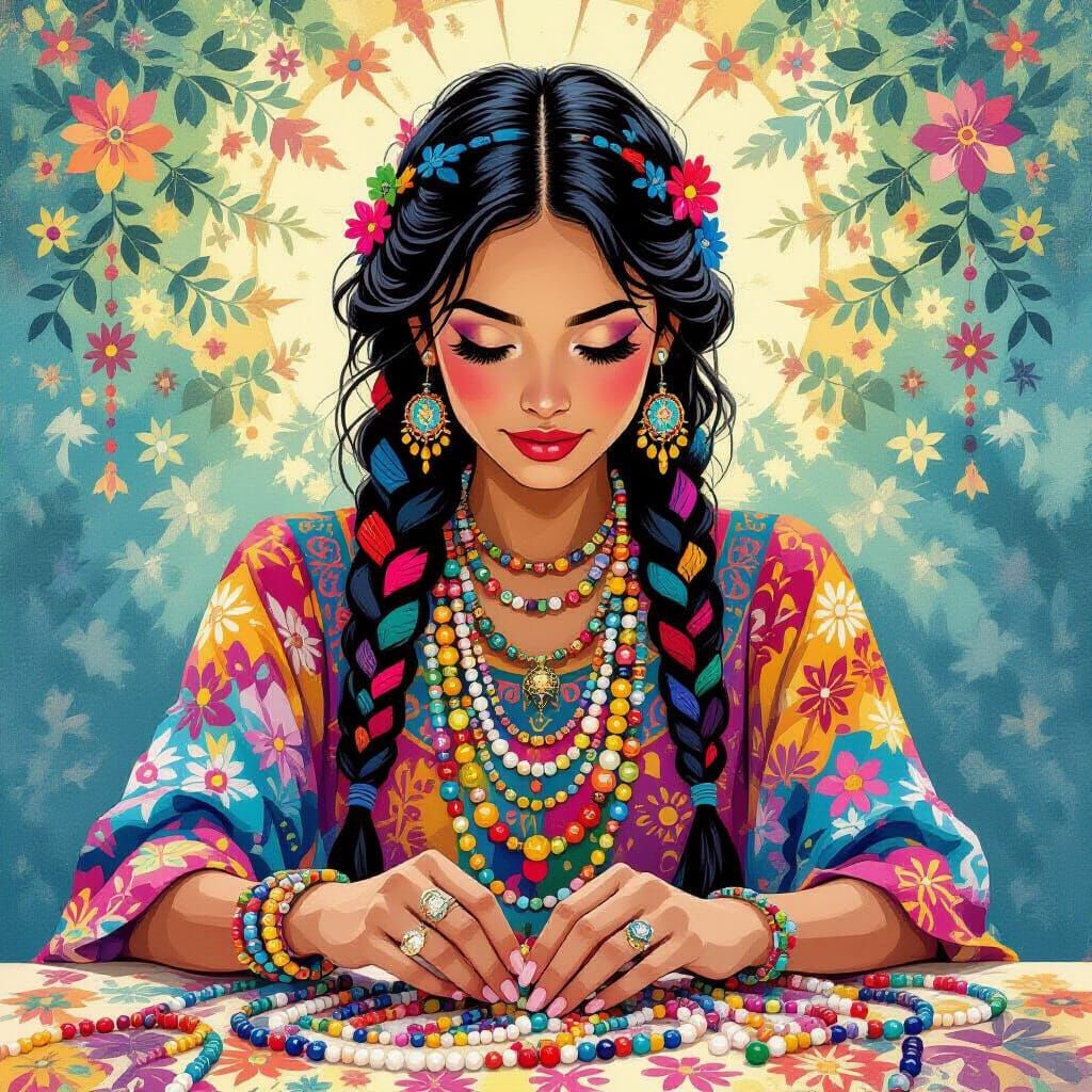 Vibrant Woman Arranges Beads in Stylized Folk Art