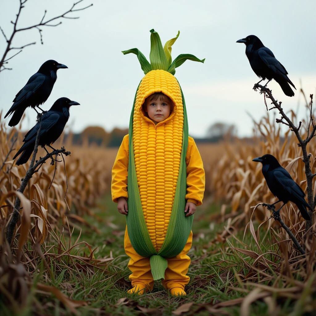 Child in Corn Costume in Autumn Midwest Landscape