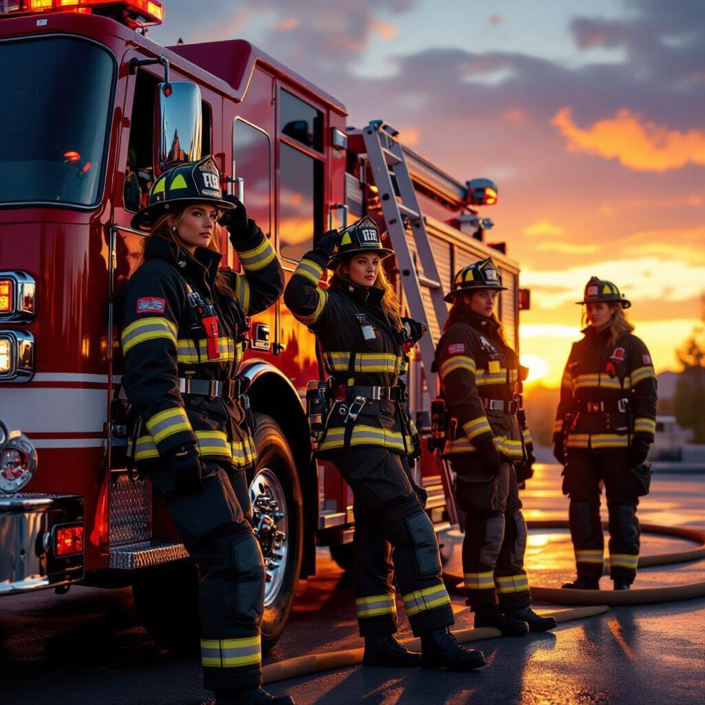 Heroic Female Firefighters at Sunset