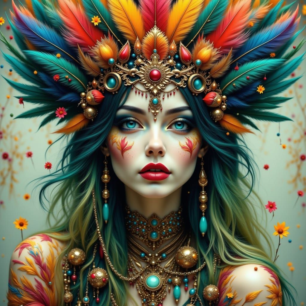 Mystical Woman Portrait with Feather Crown and Jewels