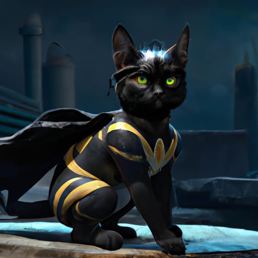 Cat in Batman Costume, Detailed Matte Painting