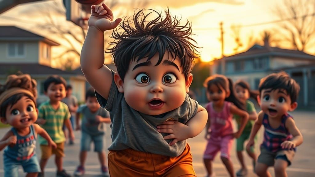 Cartoon Basketball Game at Sunset in Pastel Colors