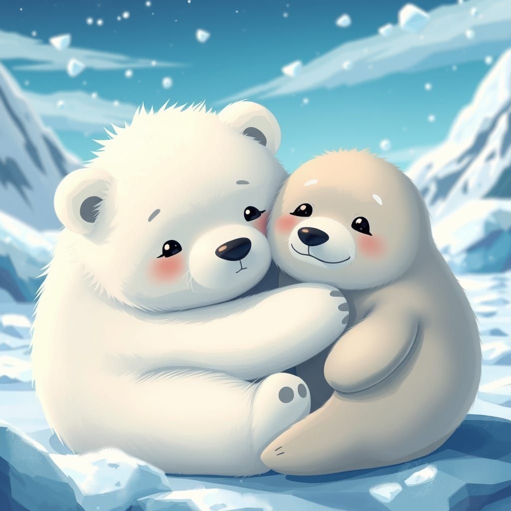 Anime Style Polar Bear and Seal Cuddle in Icy Landscape