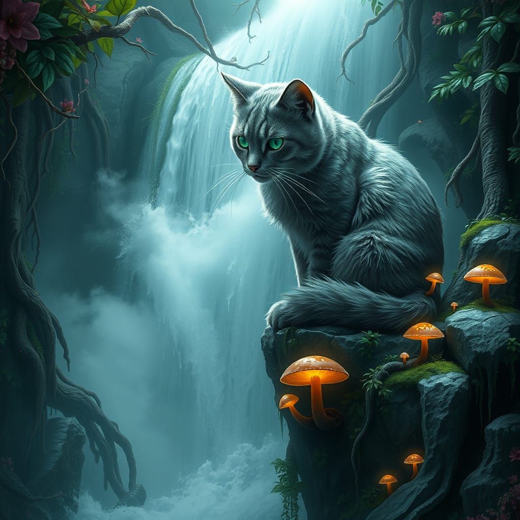 Majestic Cat at Waterfall's Edge, in Hyper-Detailed Matte Pa...