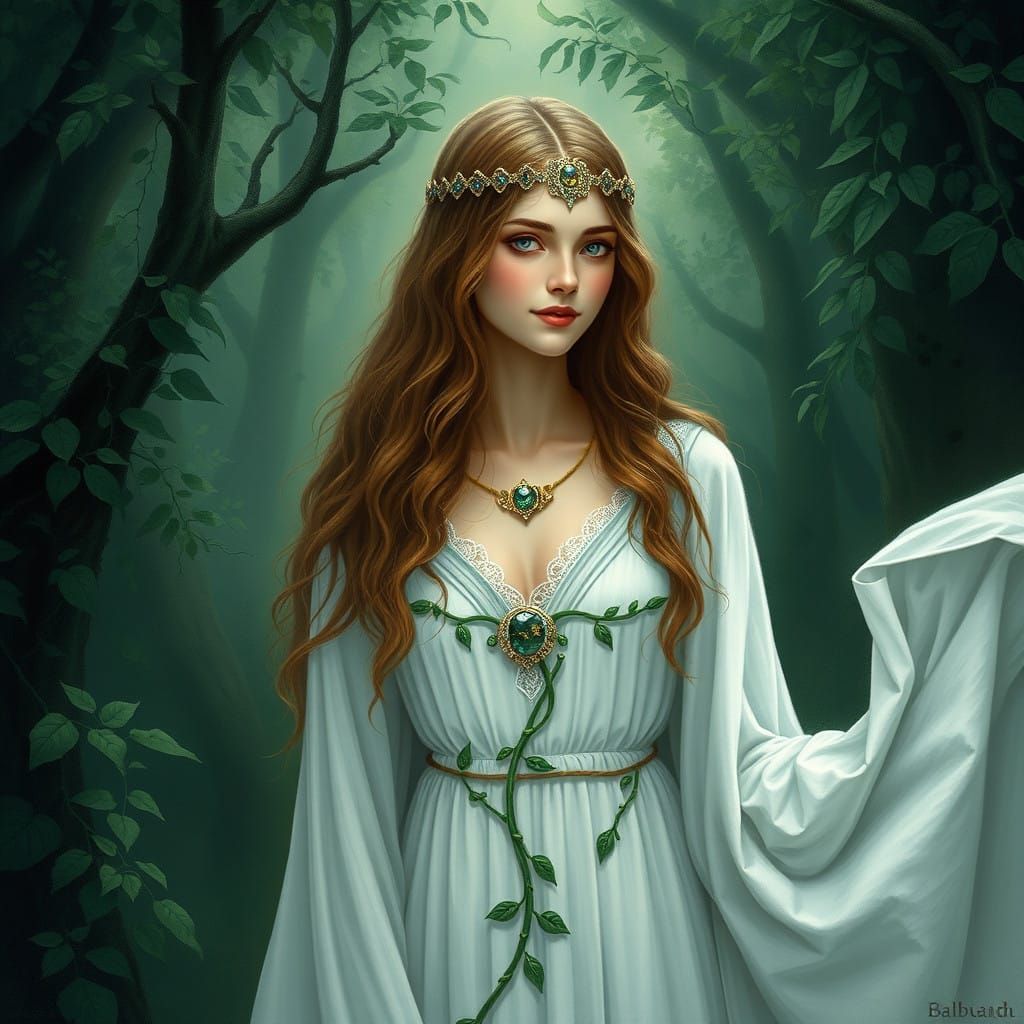 Serene Celtic Goddess in Lush Emerald Forest