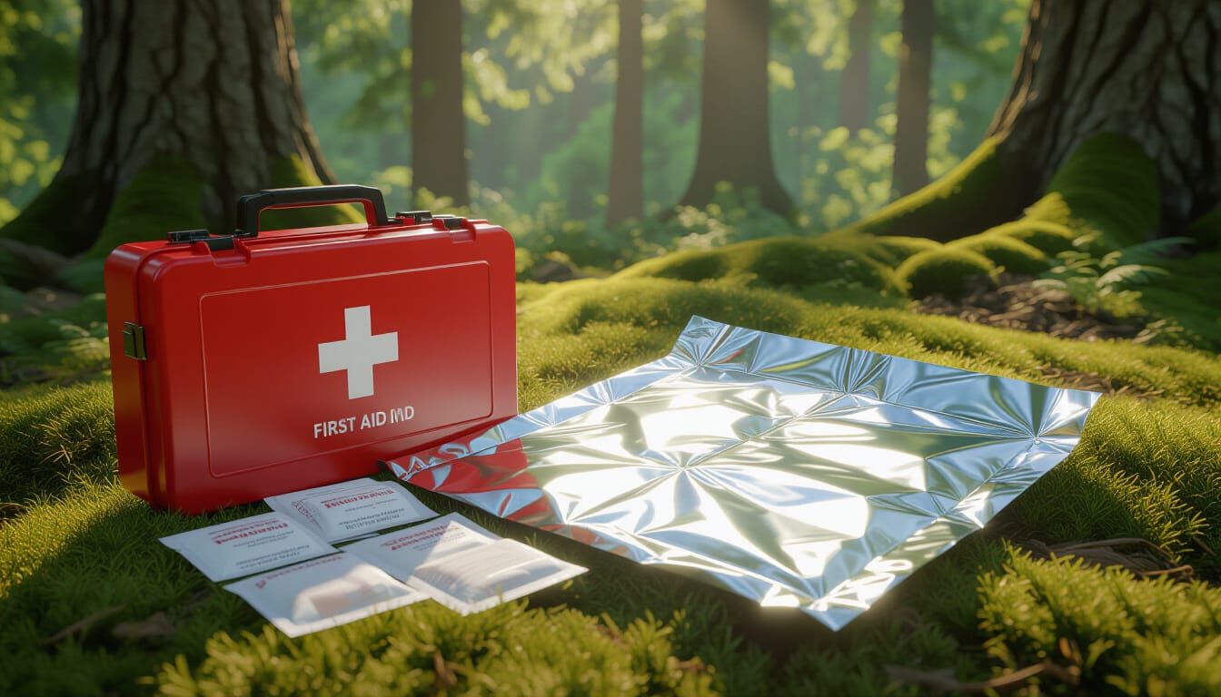 First Aid Kit and Survival Foil on Forest Floor