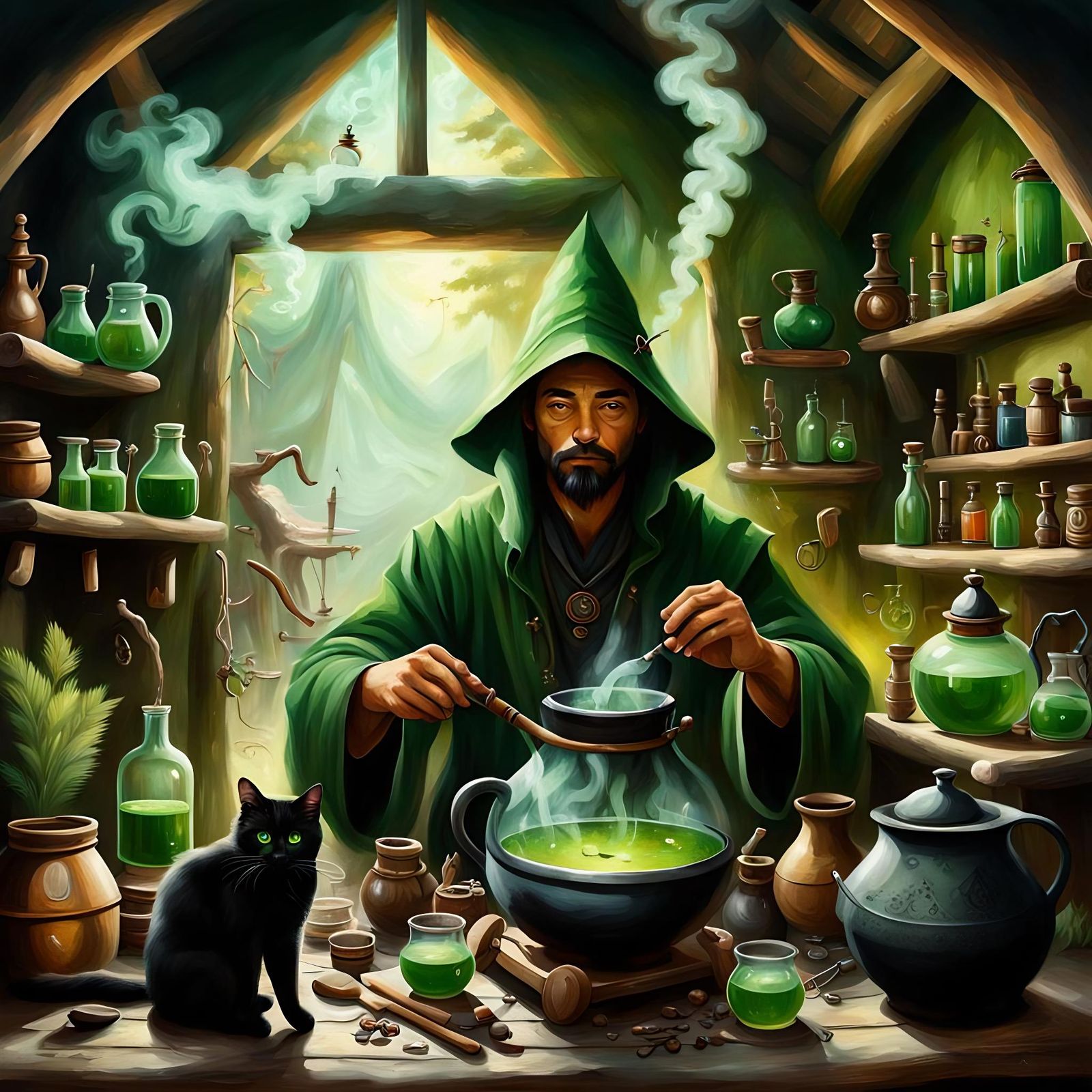 Young Alchemist Brewing Potion in Mystical Hut