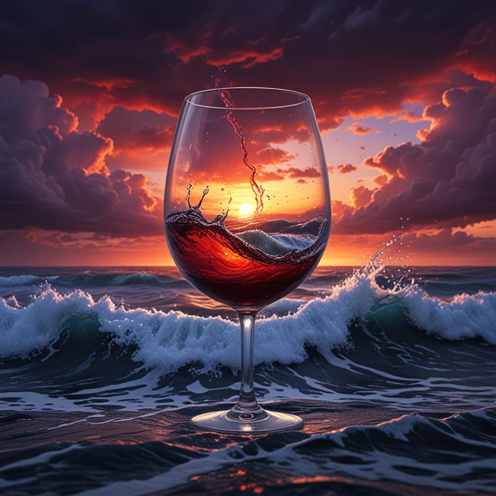 Stormy Sunset Sea in Wine Glass - Hyperrealistic Concept Art