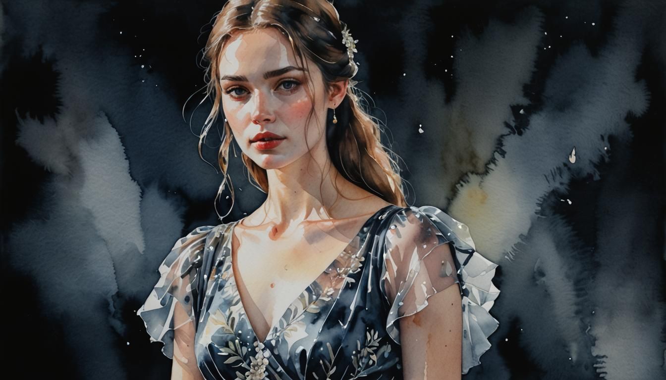 Detailed Watercolor Portrait of Woman in Translucent Dress