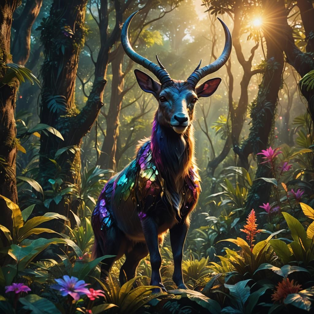 Alien Mammal in Iridescent Jungle: Digital Matte Painting