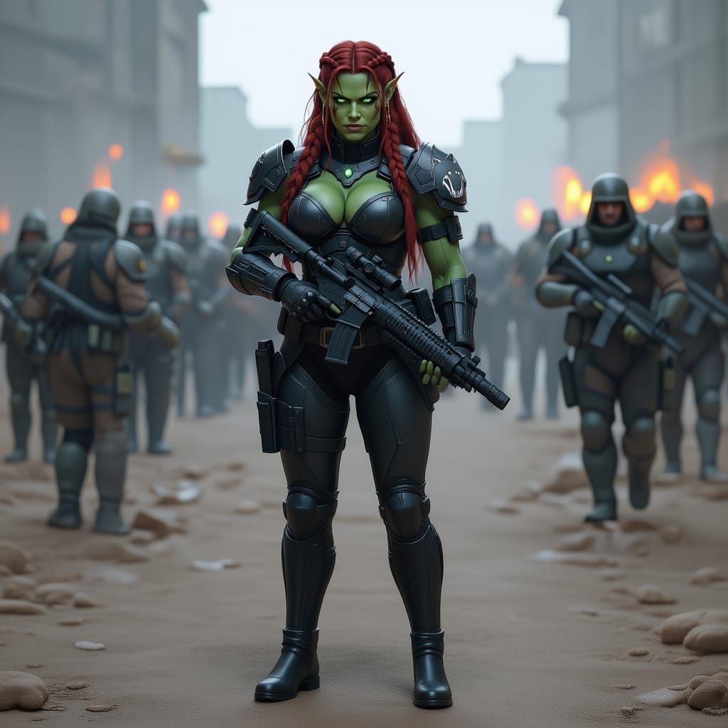 Female Orc Space Marine in Black Power Armor with Rifle