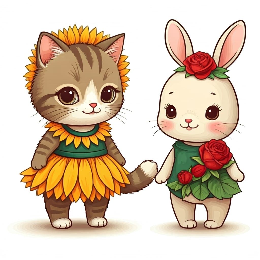 Kitten and Bunny in Floral Dresses, Cartoon Style