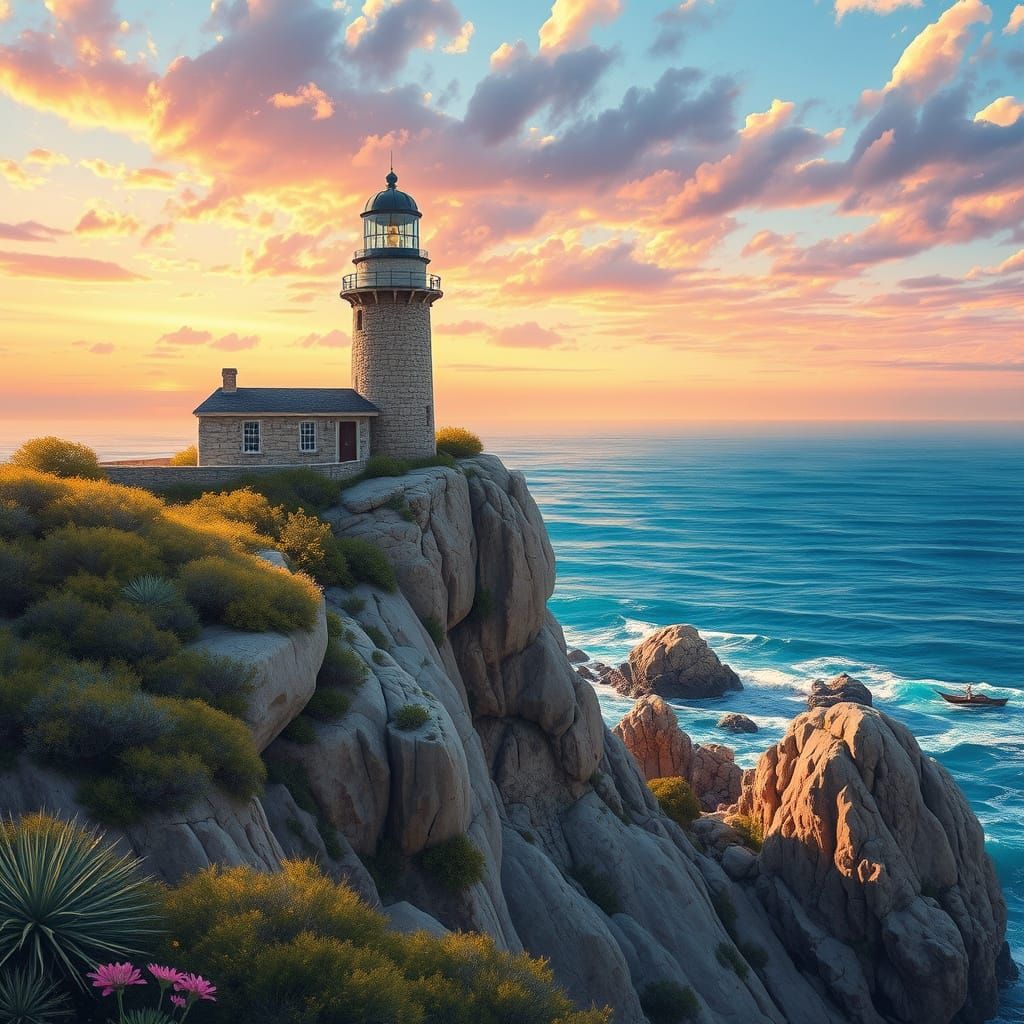 Coastal Sunset with Lighthouse: A Photorealistic Landscape