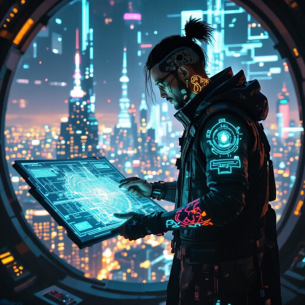 Cyberpunk Cartographer Studies Holographic Metropolis Map