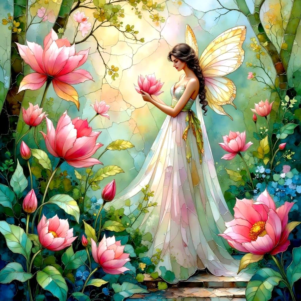 Pastel Mosaic Fairy with Tulips and Ferns