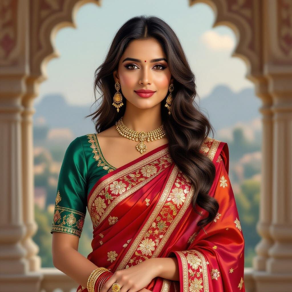 Elegant Woman in Intricate Saree, Art Nouveau Style
