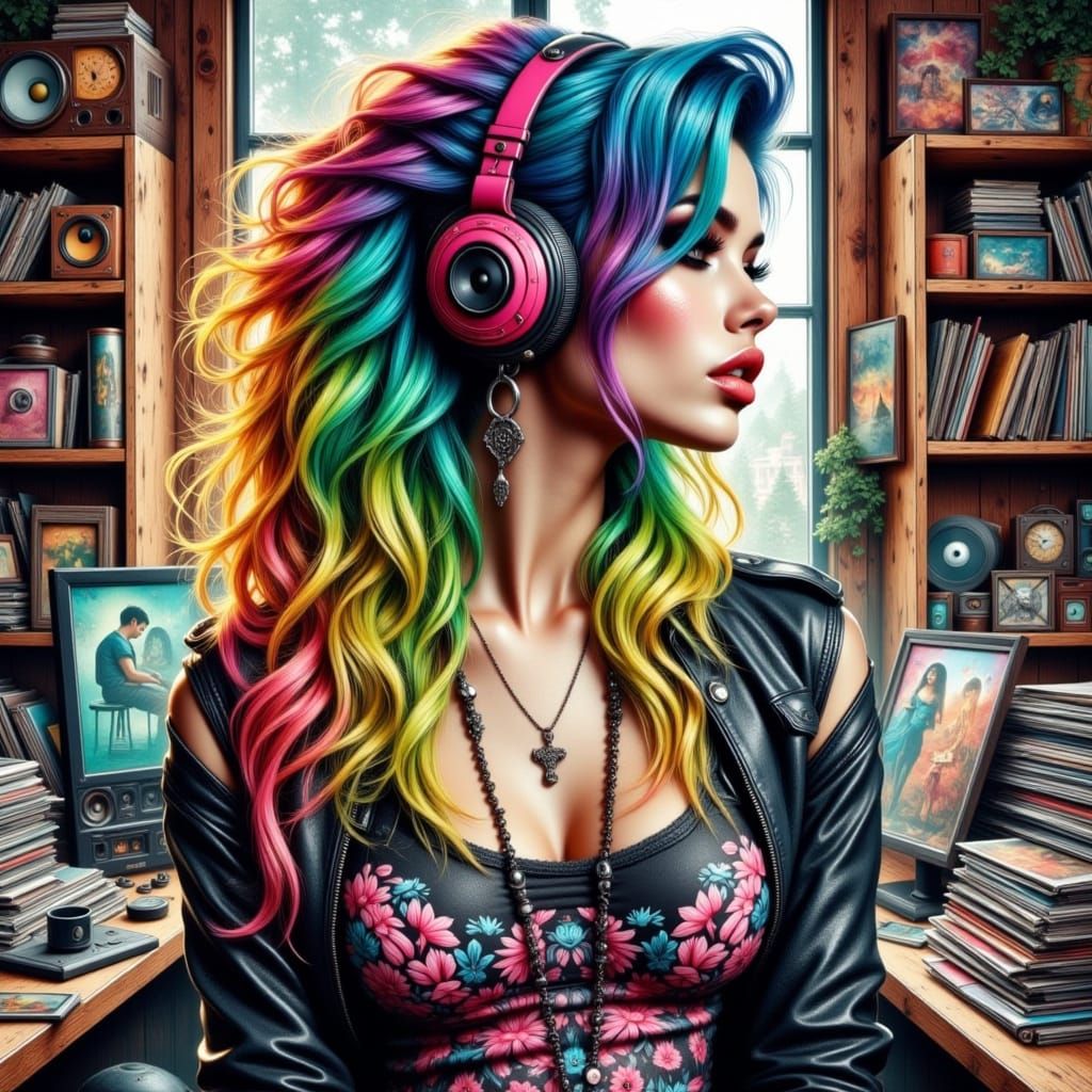 Vibrant Surrealist Portrait of a Woman in a Record Shop