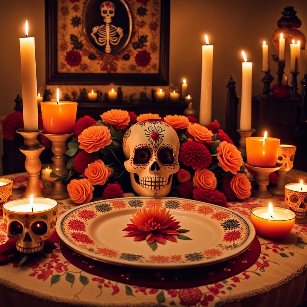 Dia De Los Muertos Candlelight dinner on an ofrenda served f...