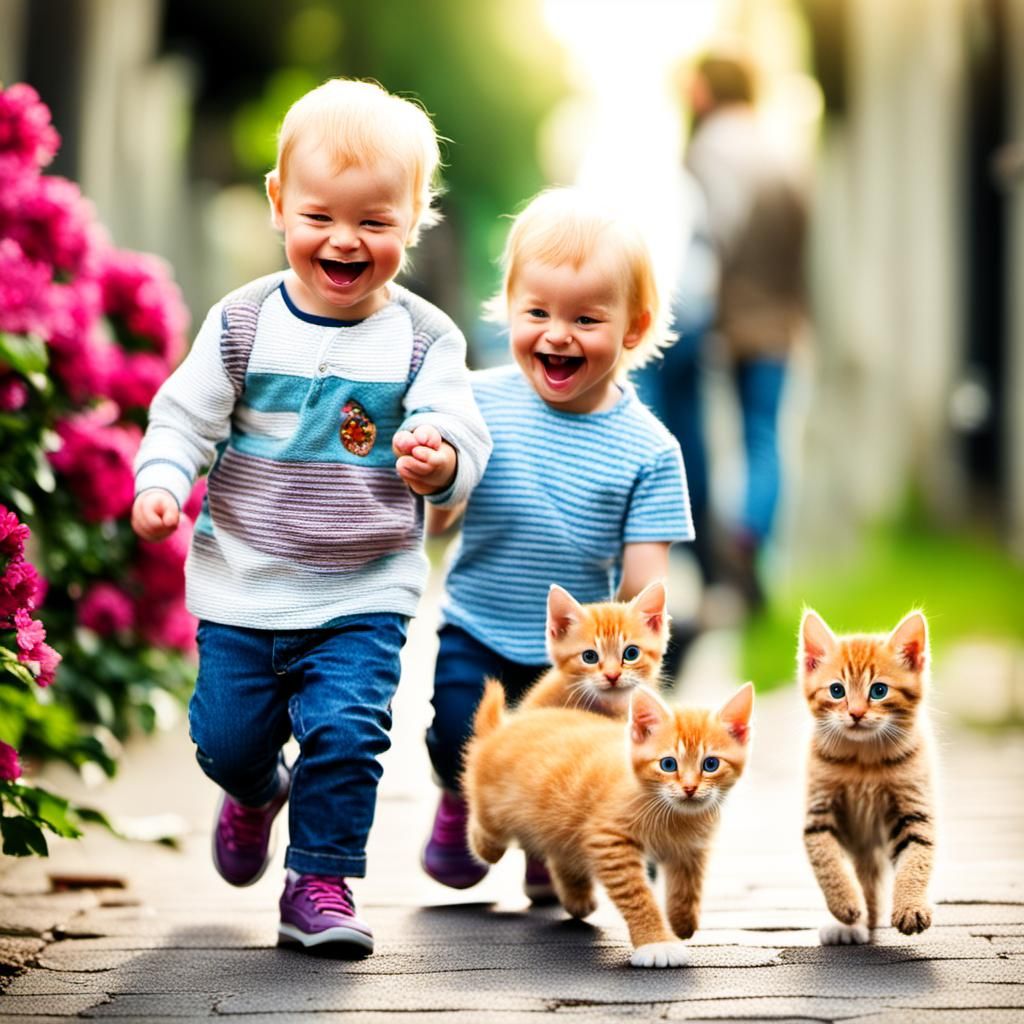 Kids Walking with Kittens: A Joyful Scene