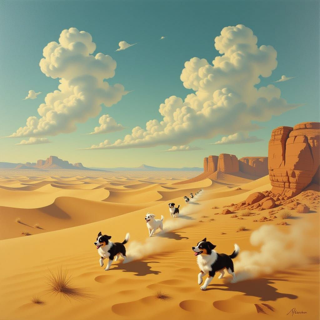 Dogs Racing in Desert, Surrealist Oil Painting