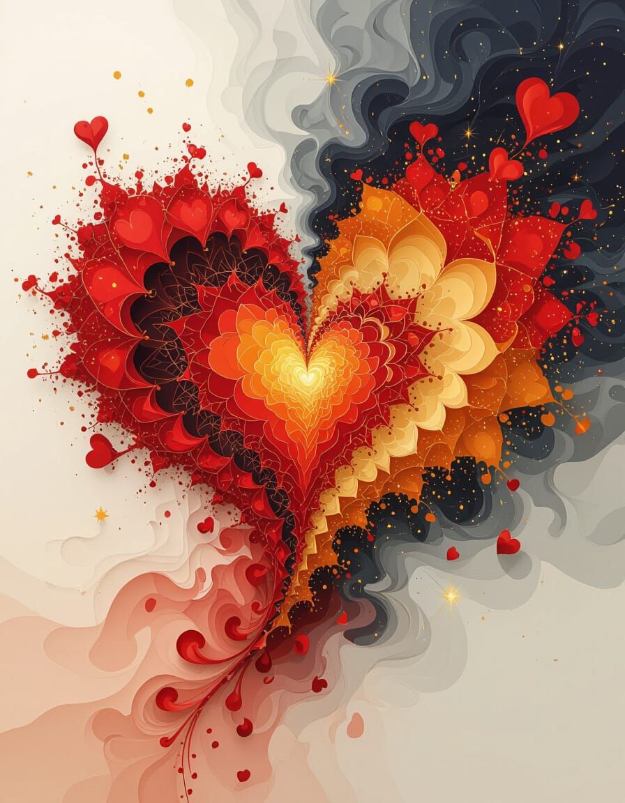 Fractal Heart Art with Blood Flow and Gold Sparks