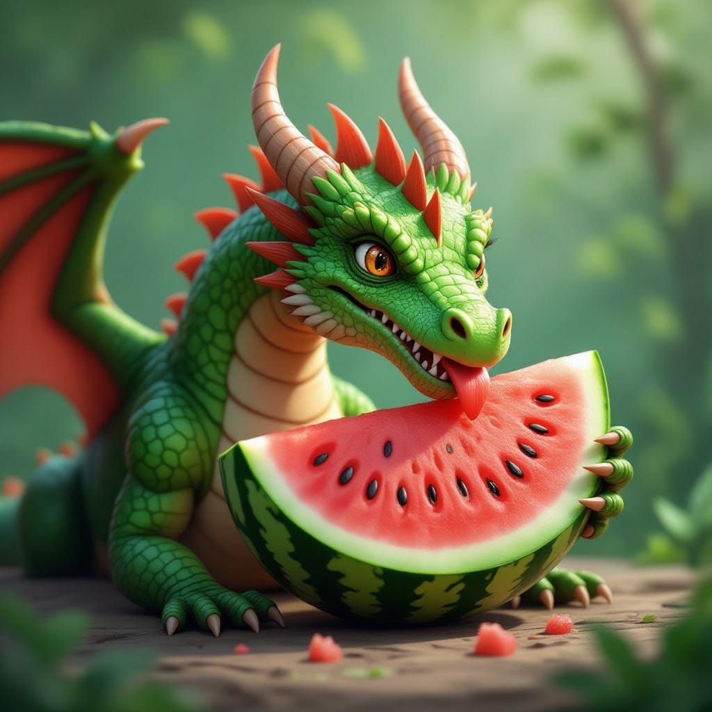 Dragon Eating Watermelon: A Whimsical Scene
