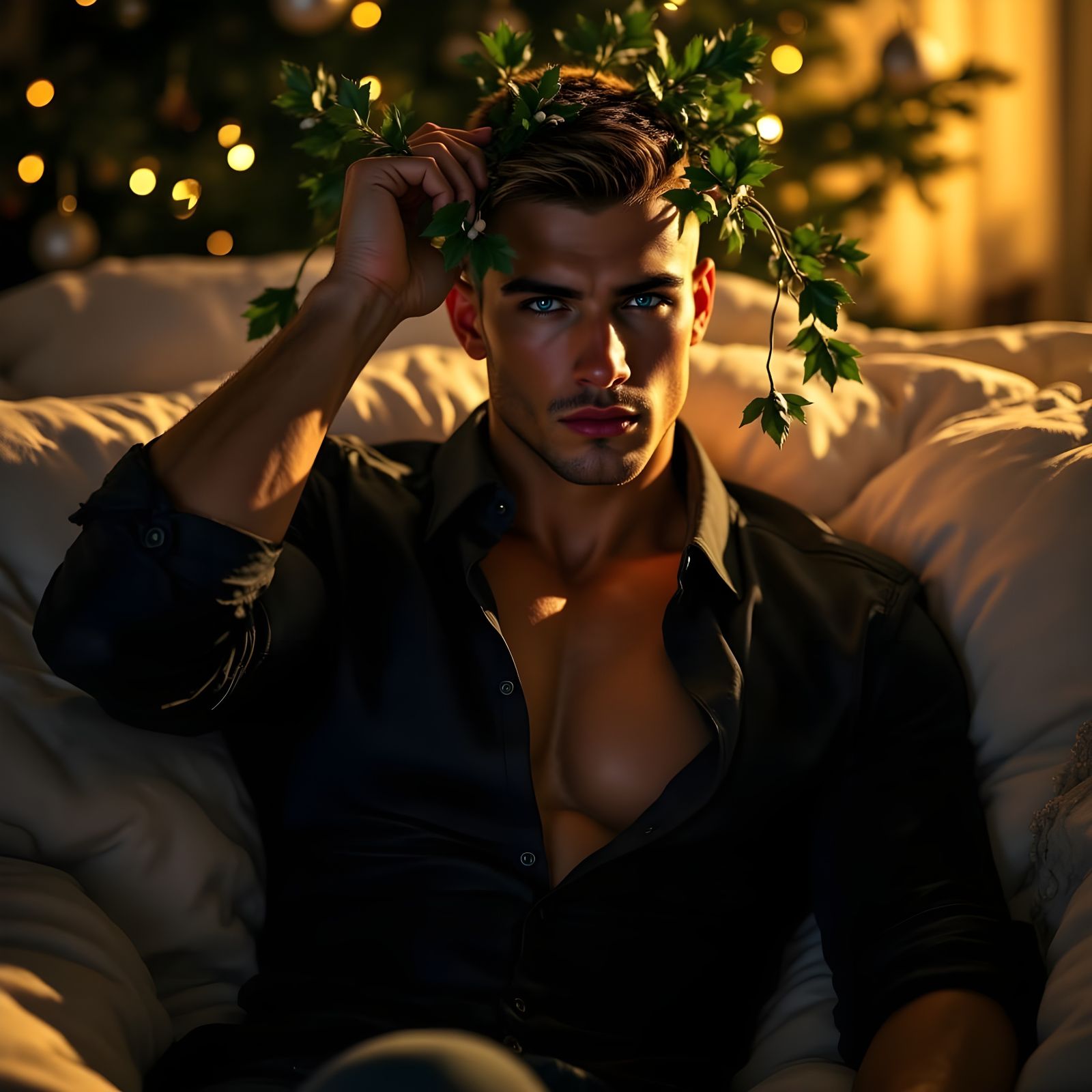 Sleek Figure Teases Mistletoe with Shadows