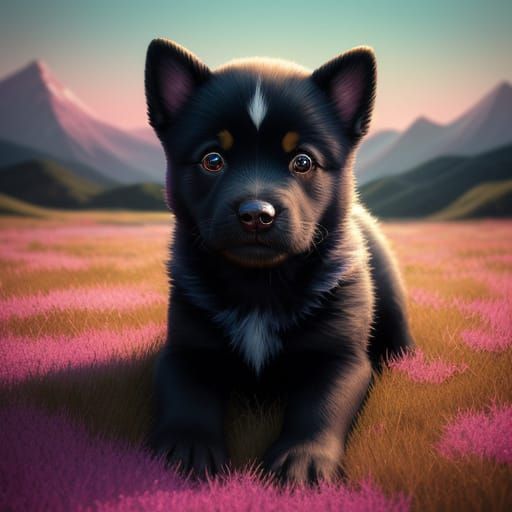 Black Puppy Runs in Candy Meadow, Chibi Style