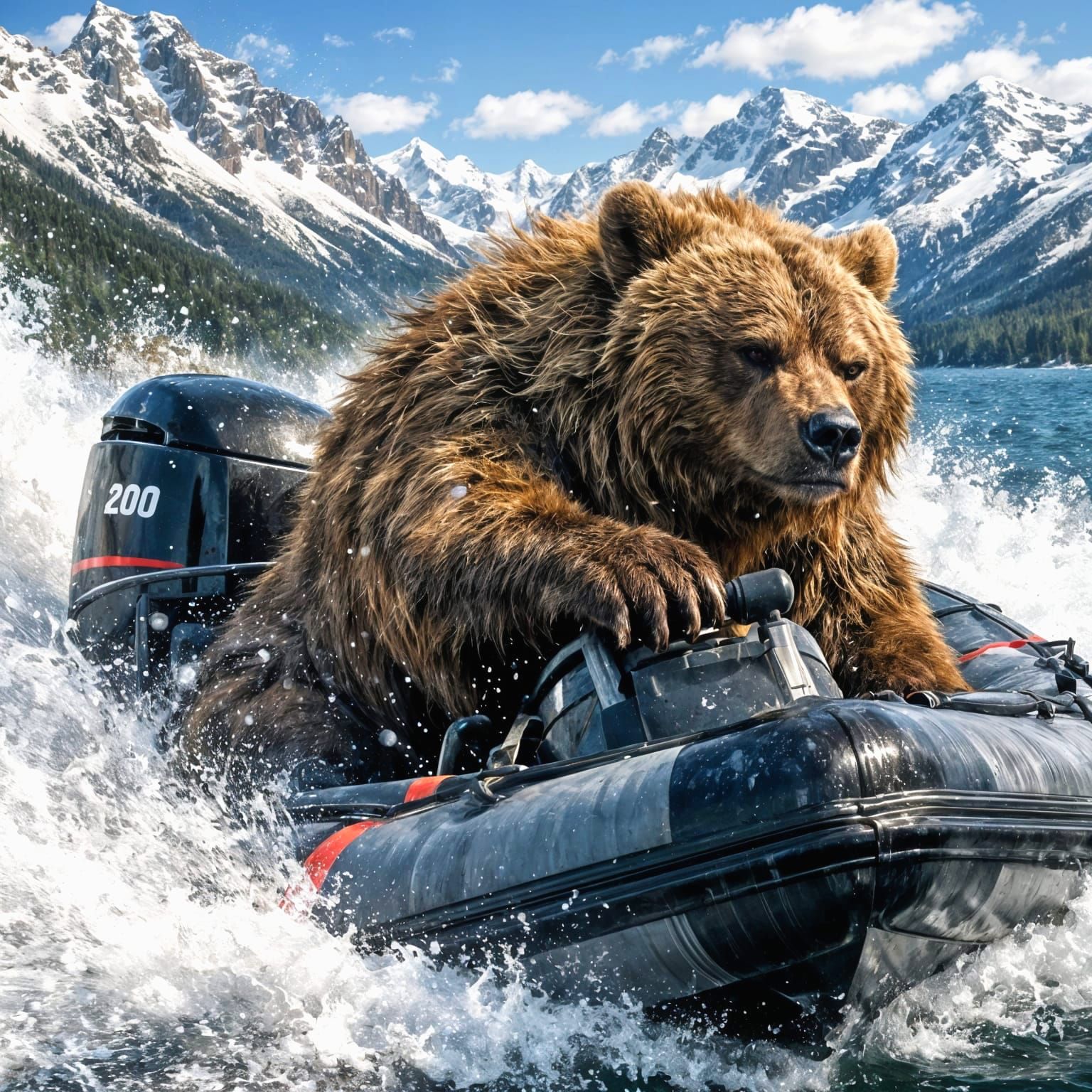Kodiak Bear Races Zodiak Boat on Snowy Mountain Lake
